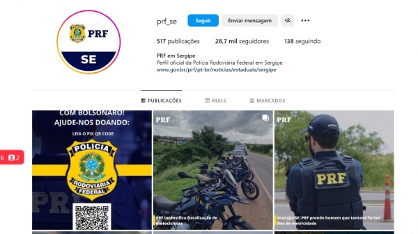 Perfil da PRF pede doações para ex-presidente através de Pìx com QR-Code