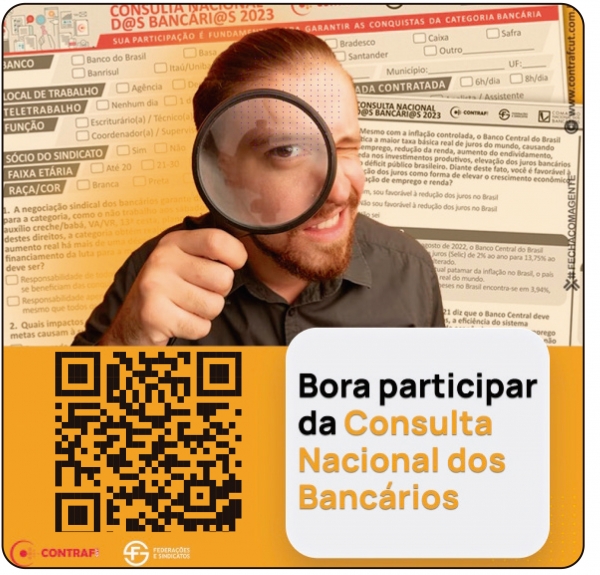 Acesse o QR Code e responda  à Consulta Nacional dos  Bancários de seu celular