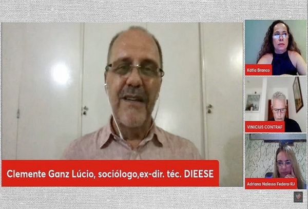 O sociólogo Clemente Ganz falou dos desafios do movimento sindical e dos trabalhadores para 2022 e 2023. À direita, Kátia Branco, Vinícius de Assumpção e Adriana Nalesso que também participaram da live