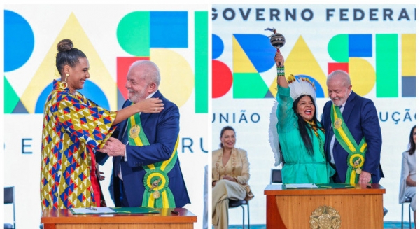 As ministras Anielle Franco e Sonia Guajajara com o presidente Lula