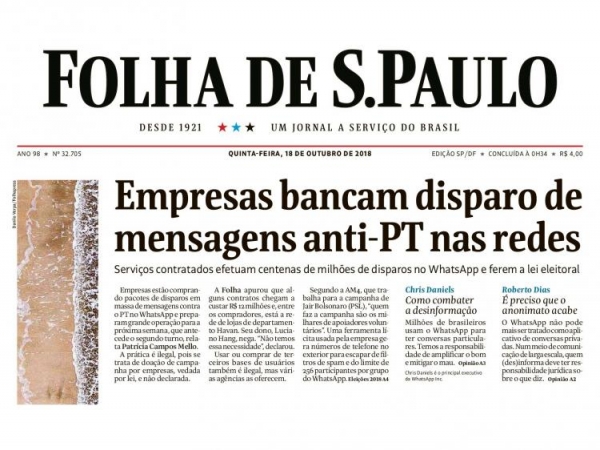 Empresas pagaram milhões para disseminar fake News pelo WhatsApp em favor de Bolsonaro