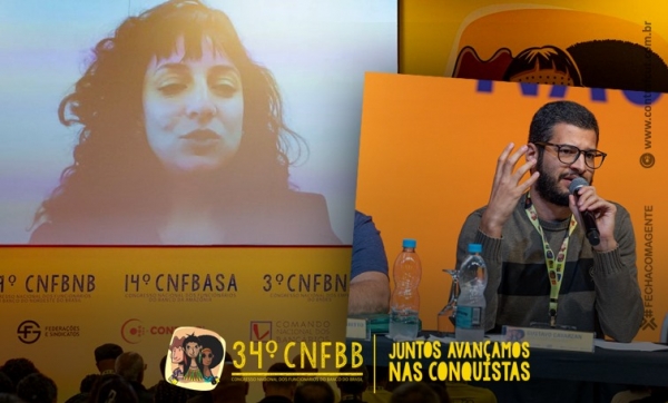 Os economistas Juliane Furno (no telão) e Gustavo Cavarzan (no detalhe), durante palestra no primeiro dia do 34º CNFBB. Foto e arte: Contraf-CUT.