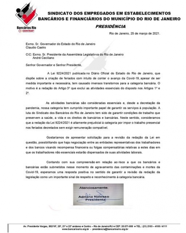 NÃO É DIA NORMAL - No ofício assinado pela presidenta do Sindicato Adriana Nalesso, o Sindicato solicita alteração na redação da Lei para garantir direitos da categoria no feriado antecipado