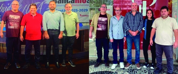 Altair Vin&iacute;cius Lima Vieira (de barba na foto &agrave; esquerda) e Ernani Nogueira Pais (ao centro na foto &agrave; esquerda) agradeceram ao Sindicato pela reintegra&ccedil;&atilde;o que garante de volta seus empregos e direitos &nbsp;