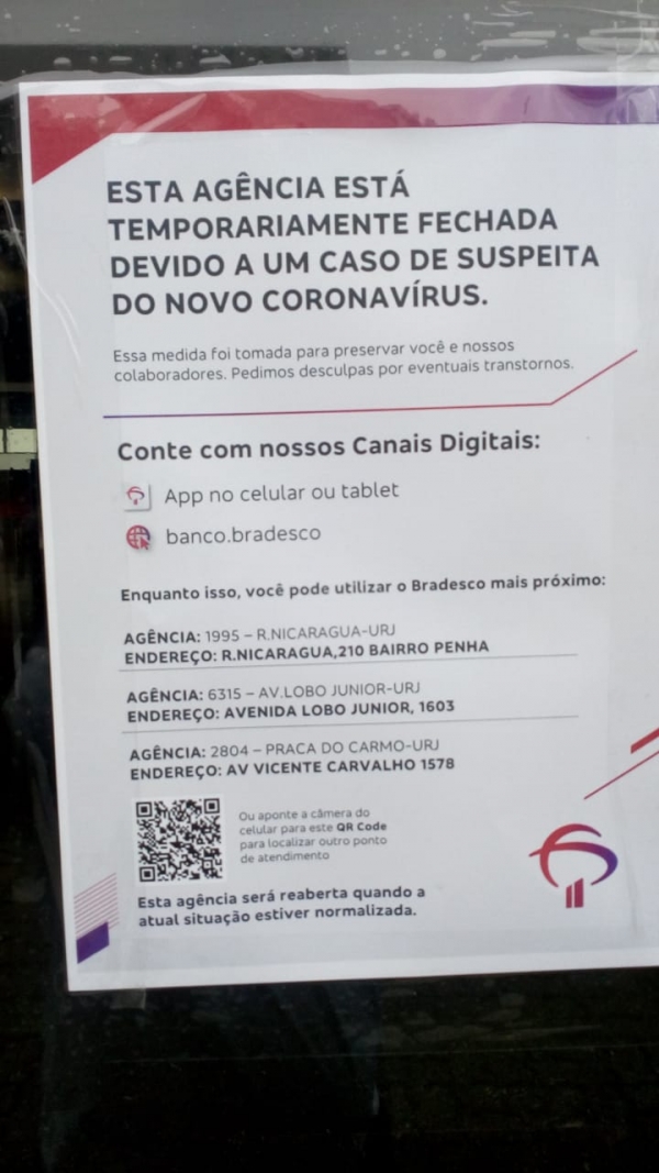 O Bradesco atendeu a solicitação do Sindicato e fechou as agências do Largo da Penha e outra na Barra da Tijuca após a morte do bancário Paulo Lencellote, vítima da Covid-19