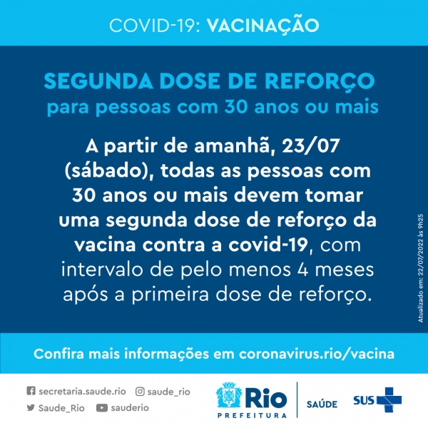 Segunda dose de reforço para pessoas com 30 anos ou mais